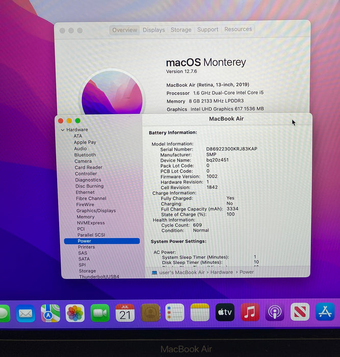 Apple MacBook Air 13" 2019 i5-8210Y 8GB RAM 256GB SSD No Power Adapter