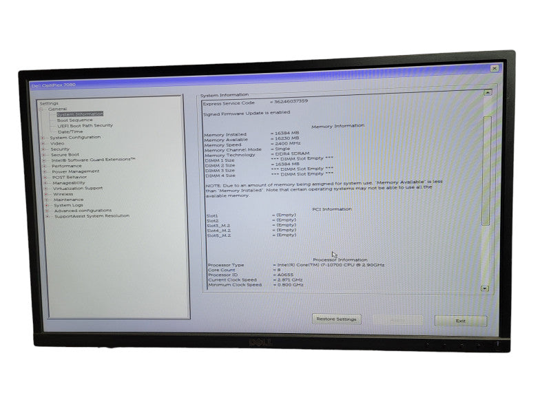 Dell OptiPlex 7080 SFF Intel Core i7-10700 CPU @ 2.90GHz 16GB DDR4 Ram Î¸
