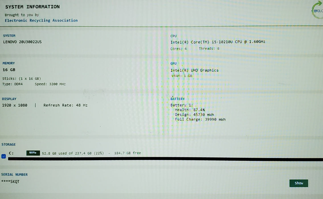 Lenovo ThinkPad L15 Gen 1 I5-10210U 16GB RAM  256GB SSD READ