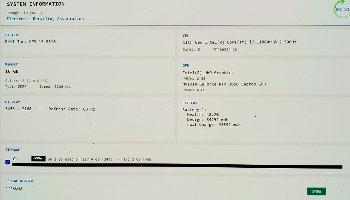 Dell XPS 15 9510 4K TOUCH i7-11800H 16GB DDR4 RTX 3050 256GB NVMe No Adapter