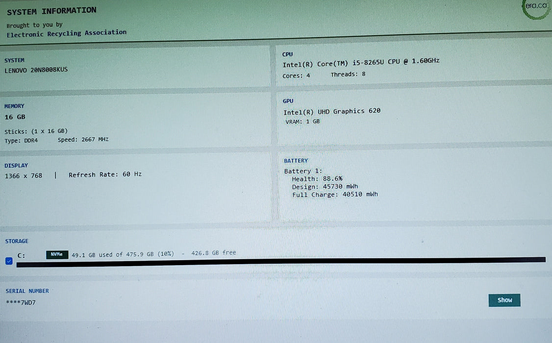 LENOVO Thinkpad E490 i5-8265U 16GB RAM 512GB SSD