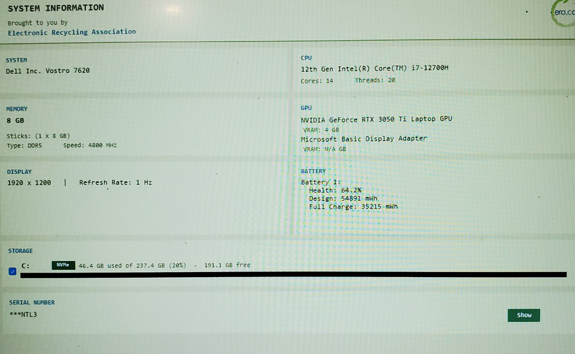 Dell Vostro 7620 Intel Core i7-12700H RTX 3050Ti 4GB GPU 8GB RAM 256GB SSD READ