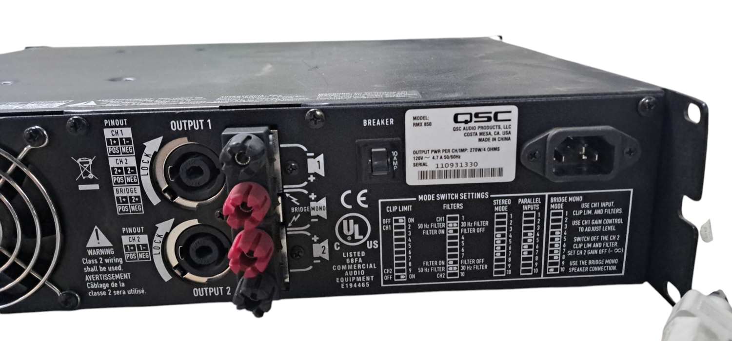 QSC RMX850 Rack Mount Professional 2-Channel Power Amplifier READ