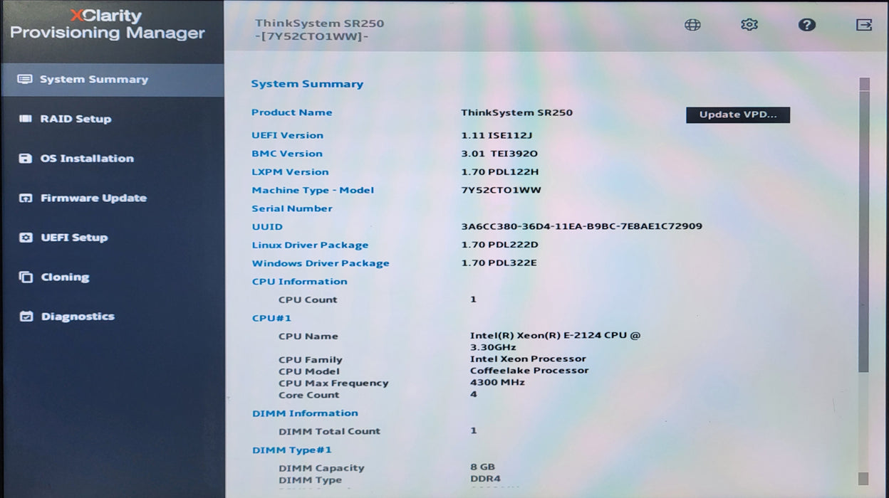 Lenovo ThinkSystem SR250 1U 4x3.5", Xeon E-2124 @ 3.30GHz, 8GB DDR4, No RAID