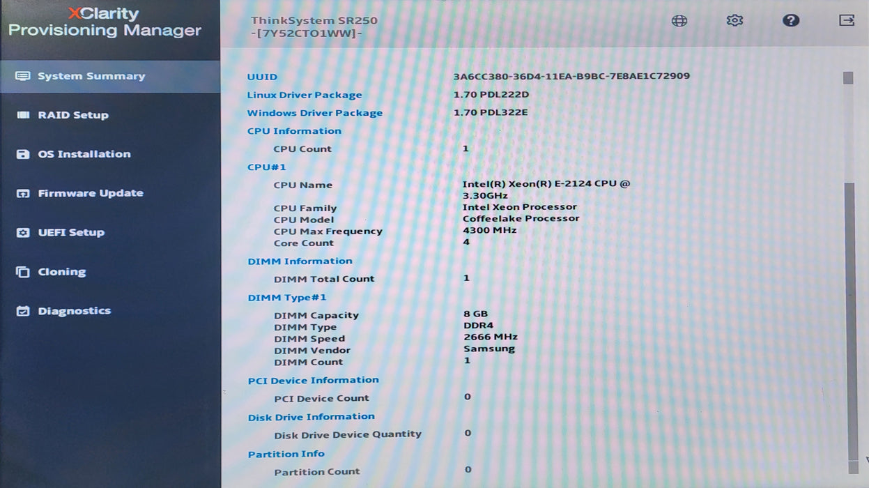 Lenovo ThinkSystem SR250 1U 4x3.5", Xeon E-2124 @ 3.30GHz, 8GB DDR4, No RAID
