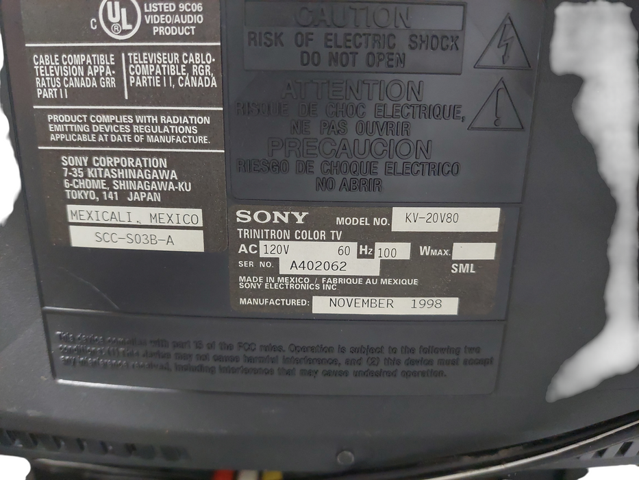 Sony Trintron Colour Tv 20" Model:KV-20V80 Bundled With Sony VHS Player SLV-N750