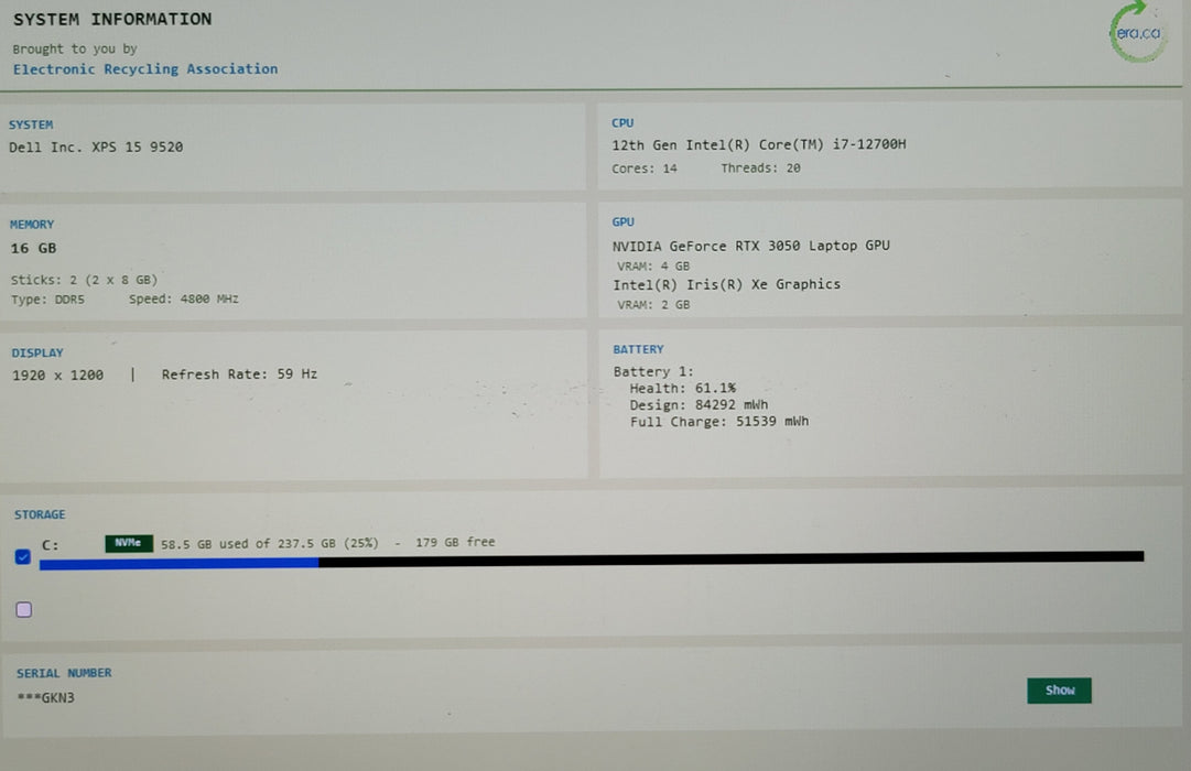 Dell XPS 15 9520 i7--12700H 16GB DDR5 RTX 3050 256GB NVMe No AC READ