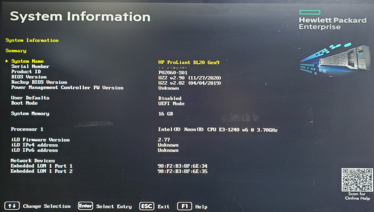HP ProLiant DL20 Gen9 - 1x Xeon E3-1240 v6, 16GB DDR4, B140i - No HDD
