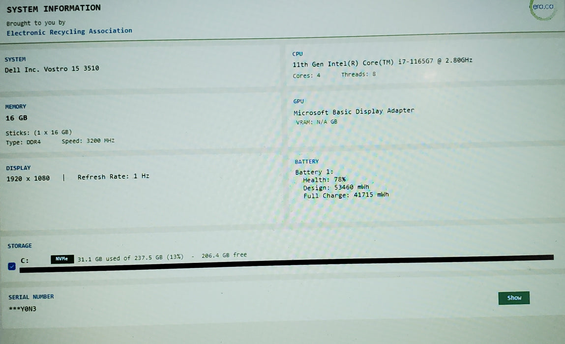 Dell Vostro 15 3510 Core i7-1165G7 2.80GHz 16GB RAM 256GB SSD READ