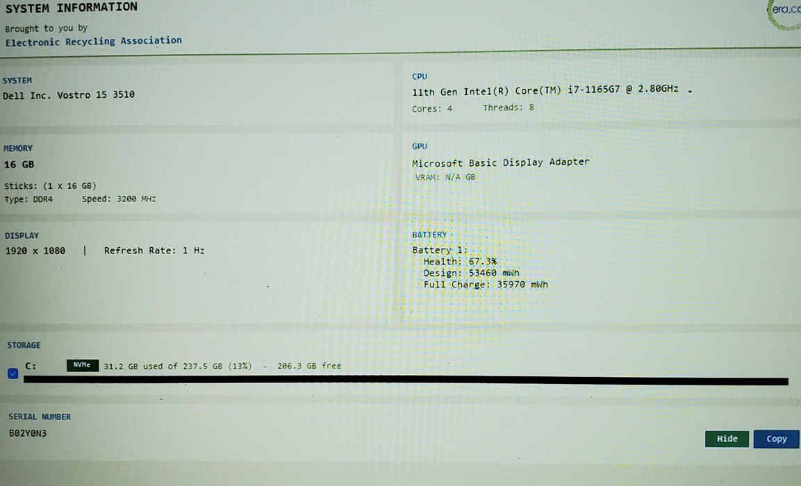Dell Vostro 15 3510 Core i7-1165G7 2.80GHz 16GB RAM 256GB SSD