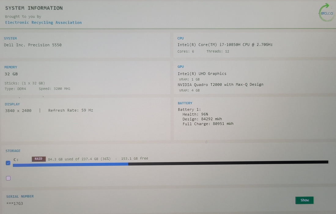 Dell Precision 5550 i7-10850H 32GB DDR4 Quadro T2000 256GB NVMe 4K TOUCH READ