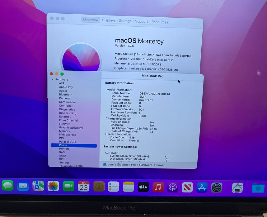 Apple MacBook Pro 13" 2017 i7-7360U 8GB RAM 128GB SSD No Power Adapter