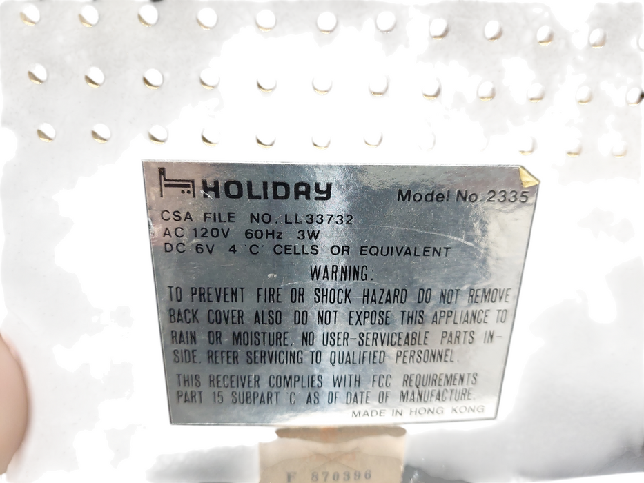 Holiday RADIO ( Parts ) Model: 2335