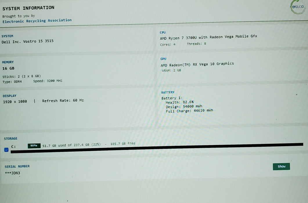 Dell Vostro 15 3510 15" FHD RYZEN 7 3700U 16GB 256GB SSD  READ