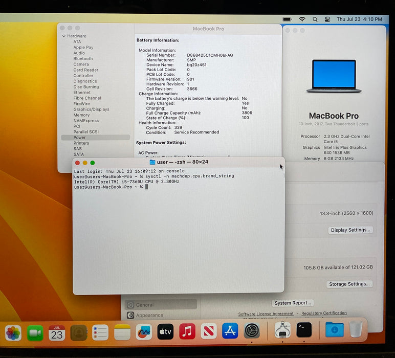 Apple MacBook Pro 13" 2017 i5-7360U 8GB RAM 128GB SSD No Power Adapter READ!
