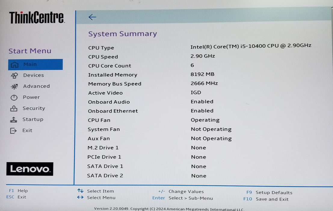 Lenovo ThinkCentre M70t Tower Core i5 - 10400 CPU 8GB Ram No HDD