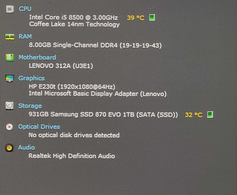 Lenovo ThinkCentre M720s - i5-8500 3.00GHz 6Core, 8GB DDR4, 1TB SSD
