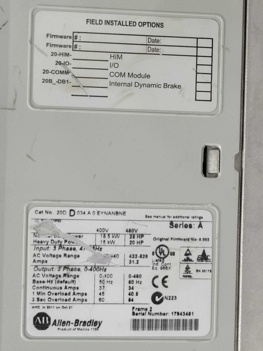 ALLEN BRADLEY POWER 20D D 034 A 0 EYNANABE, READ _