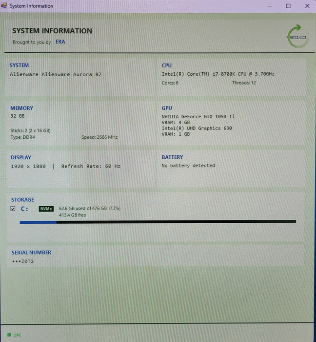 Alienware Aurora R7, i7-8700K 3.70GHz, 32GB DDR4, 256GB NVMe, GTX 1050 TI, READ