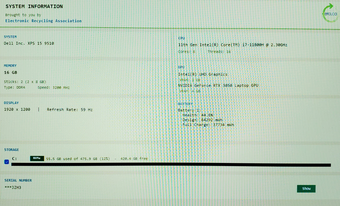 Dell XPS 15 9510 i7-11800H 16GB DDR4 RTX 3050 512GB NVMe No Adapter READ