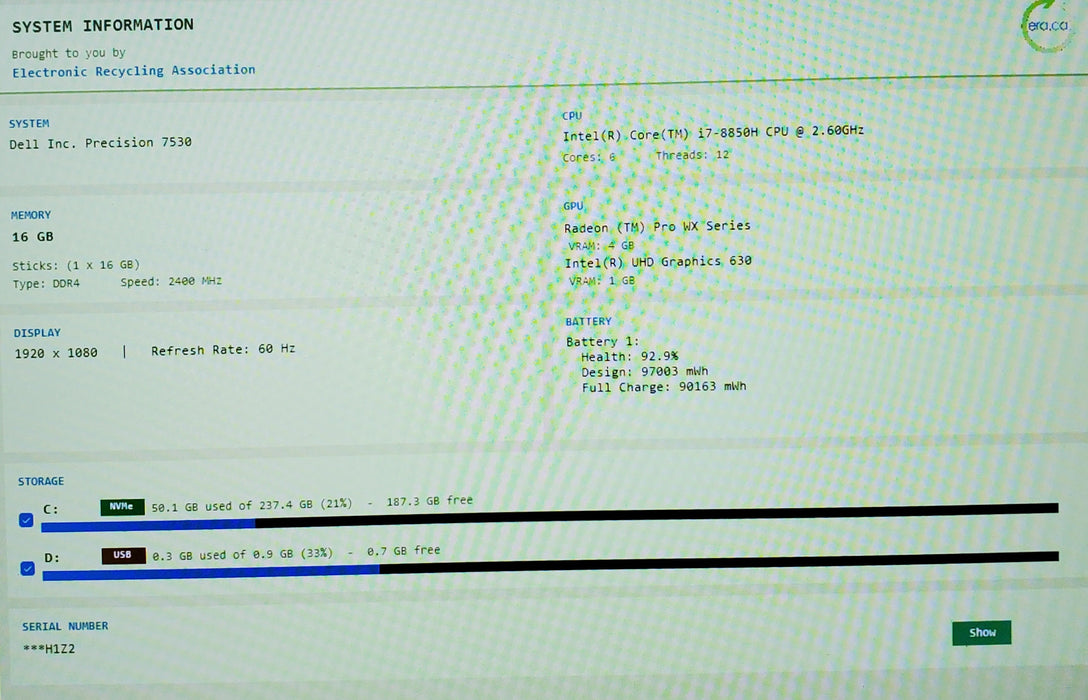 Dell Precision 7530  i5-8850H 16GB RAM  256GB SSD RADEON PRO WX 4GB GPU READ