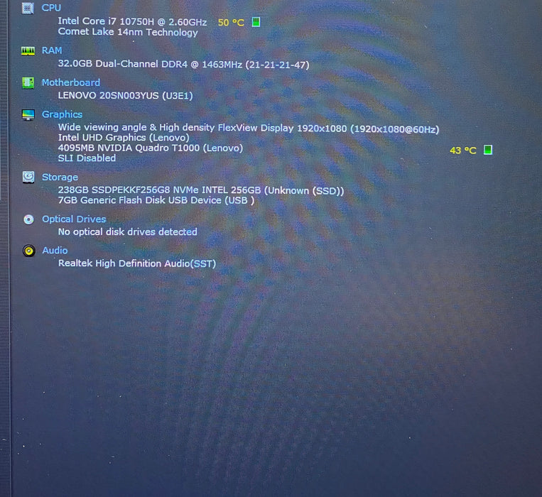 Lenovo ThinkPad P17 Gen 1 i7-10750H QUADRO T1000 4GB GPU 32GB RAM 256GB SSD