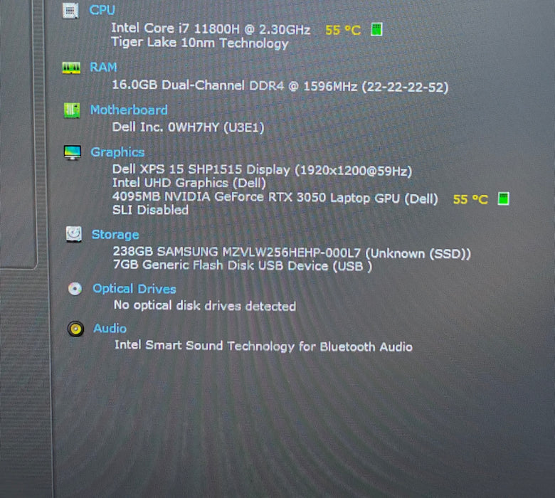 Dell XPS 15 9510 i7-11800H RTX 3050 4GB GPU 16GB RAM 256SSD No Power Adapter