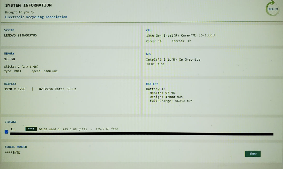 Lenovo ThinkPad E16 Gen 1 Intel Core i5-1335U 1.30GHz 16GB RAM 256GB SSD