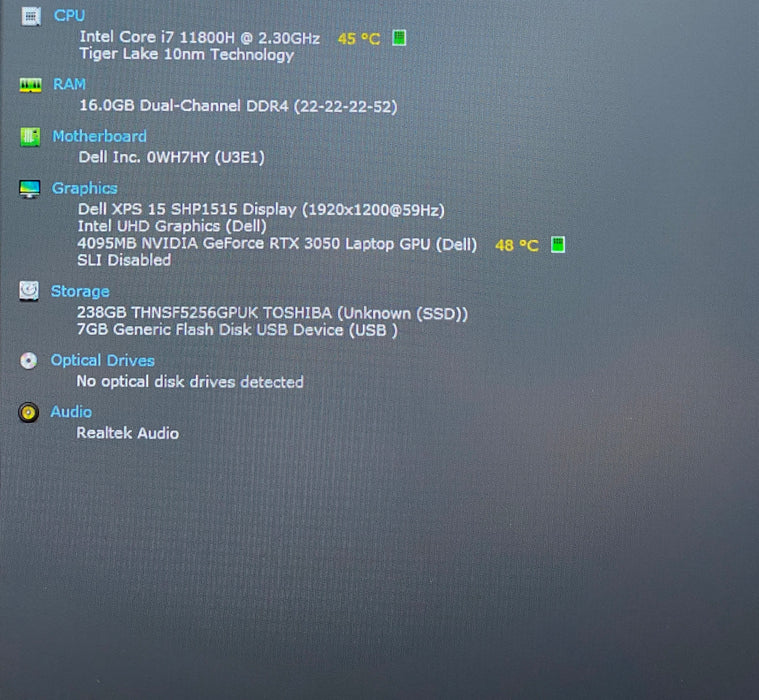 Dell XPS 15 9510 i7-11800H RTX 3050 4GB GPU 16GB RAM 256SSD No Power Adapter
