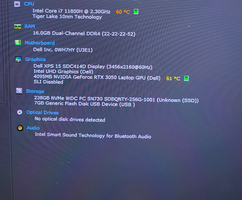Dell XPS 15 9510 4K TOUCH i7-11800H RTX3050 16GB RAM 256GB SSD No Power Adapter