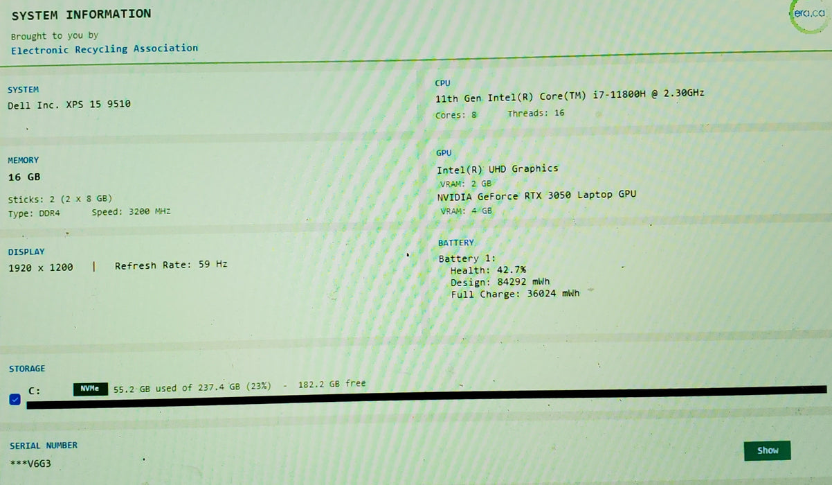 Dell XPS 15 9510 i7-11800H RTX 3050 4GB GPU 16GB RAM 256SSD No Power Adapter