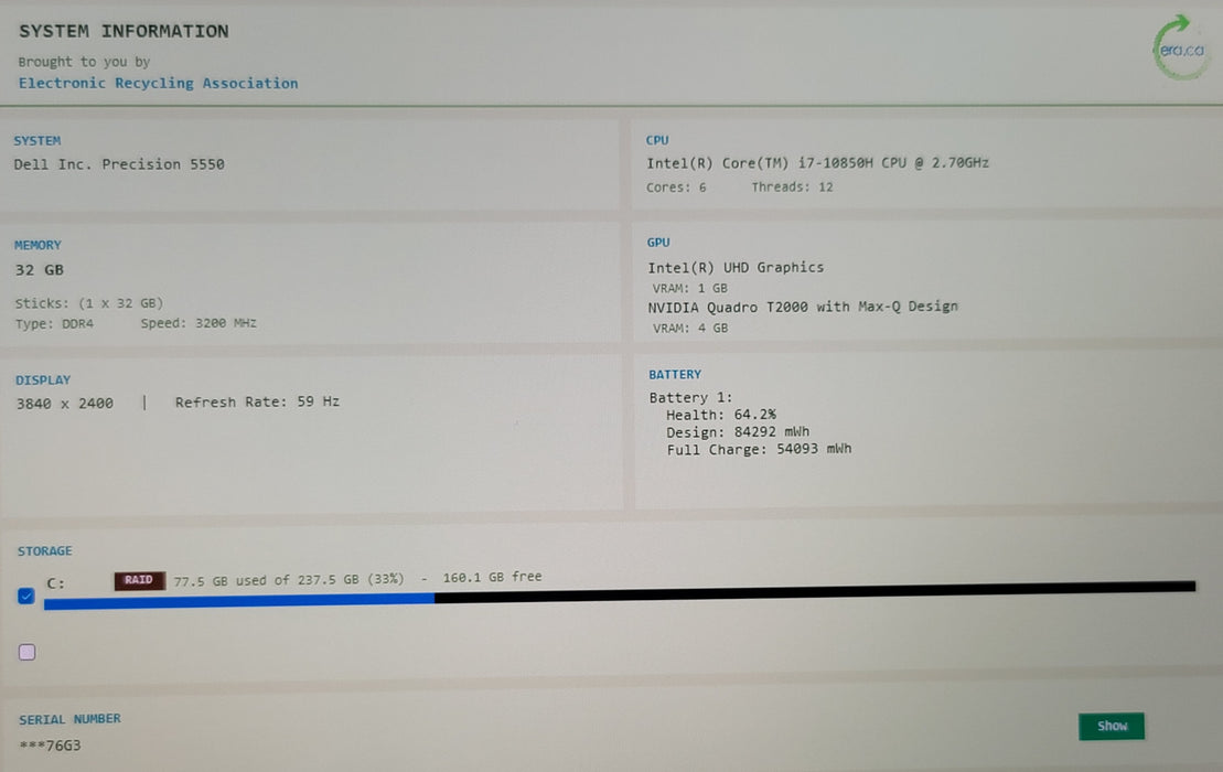 Dell Precision 5550 i7-10850H 32GB DDR4 Quadro T2000 256GB NVMe 4K Touch NO AC