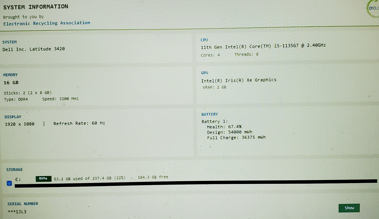 Dell Latitude 3420 i5-1135G7 - 16GB RAM - 256 GB NVME