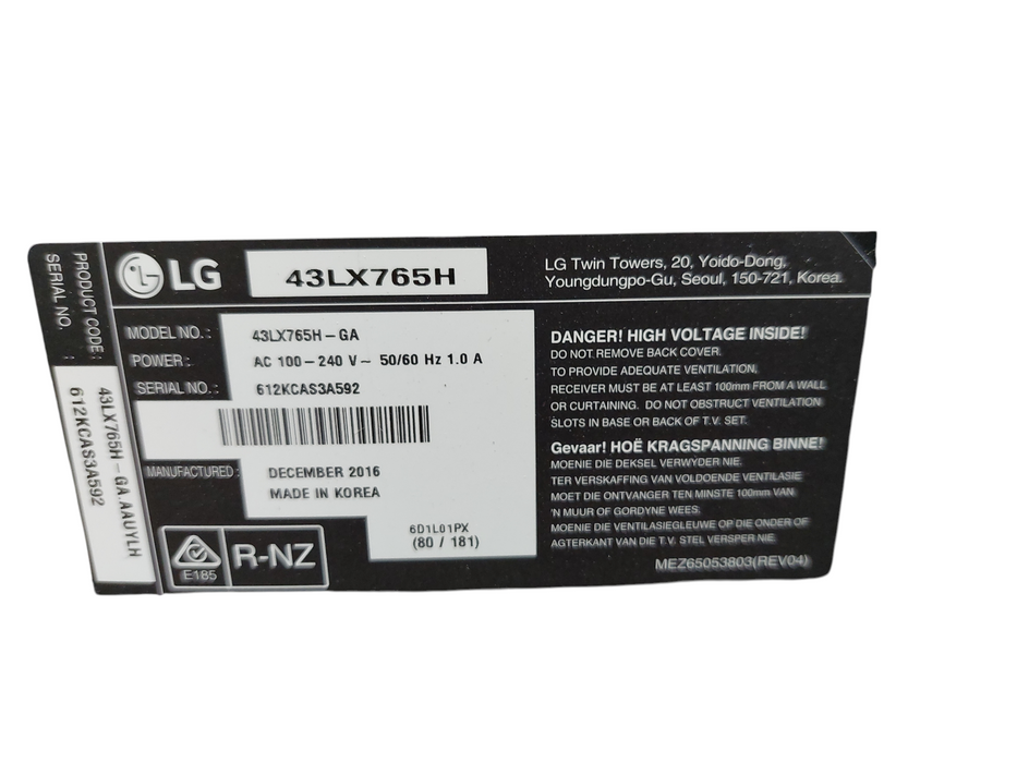 Westinghouse Tv 43" Model: 43LX765H