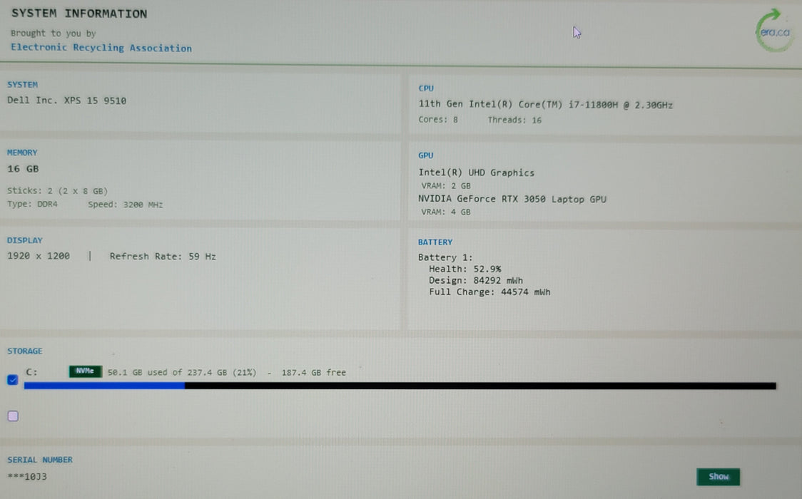 Dell XPS 15 9510 i7-11800H 16GB DDR4 RTX 3050 256GB NVMe NO AC READ