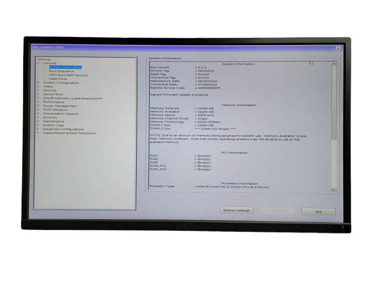 Dell OptiPlex 3090 MT Core i3 - 10100 CPU @  3.60GHz 16GB DDR4 Ram Î¸