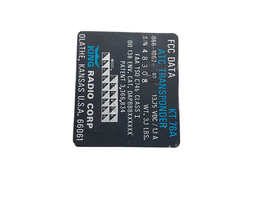 King Radio Corp ATC Transponder  KT76A PN: 066-1062-00