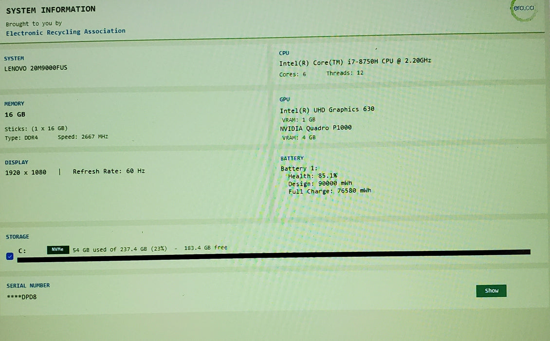 Lenovo ThinkPad P52 i7-8750H QUADRO P1000 4GB GPU 16GB RAM 256GB SSD