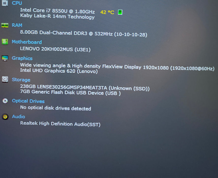 Lenovo ThinkPad X1 Carbon TOUCH Intel Core i7-8550U 1.80GHz 8GB RAM 256GB SSD