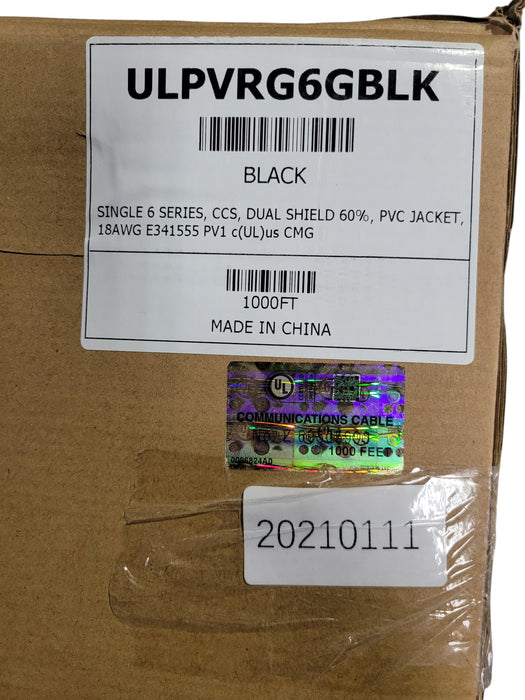 RG6 Black Cable CMG FT4 305-meter 1000-ft Reel-in-Box thousand-feet, ULPVRG6GBLK