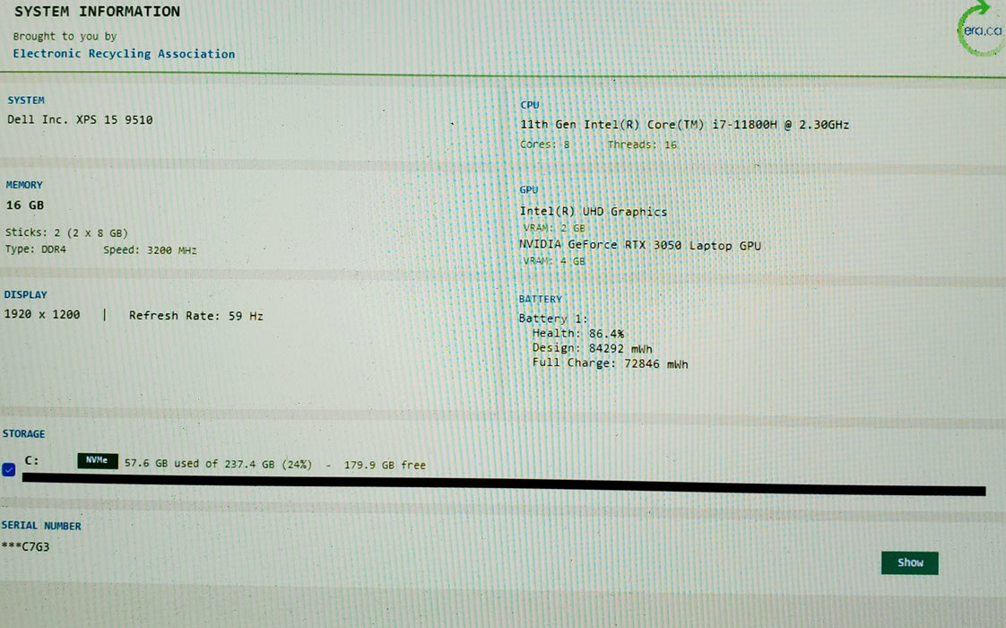 Dell XPS 15 9510 i7-11800H RTX 3050 4GB GPU 16GB RAM 256SSD No Power Adapter