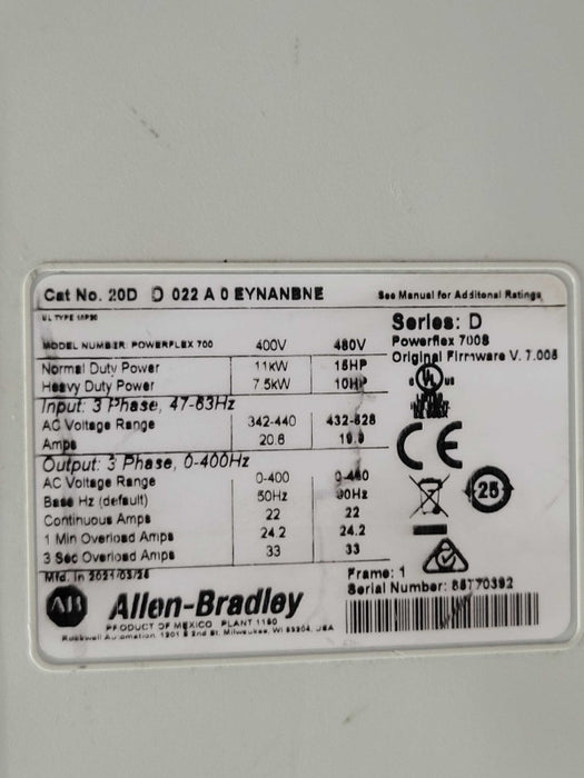 ALLEN BRADLEY 20DD022A0ENYANBNE PowerFlex 700S 15HP 22A 480V, READ _