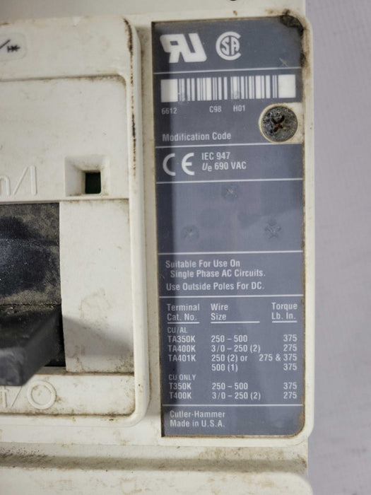 Cutler-Hammer HMCP400X5 Circuit Breaker 3 Pole 400Amp 600VAC, READ _