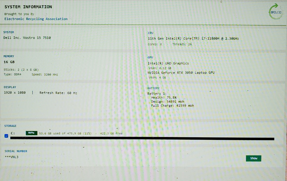 Dell Vostro 15 7510 i7-11800H RTX3050Ti GPU 16GB RAM 512SSD READ