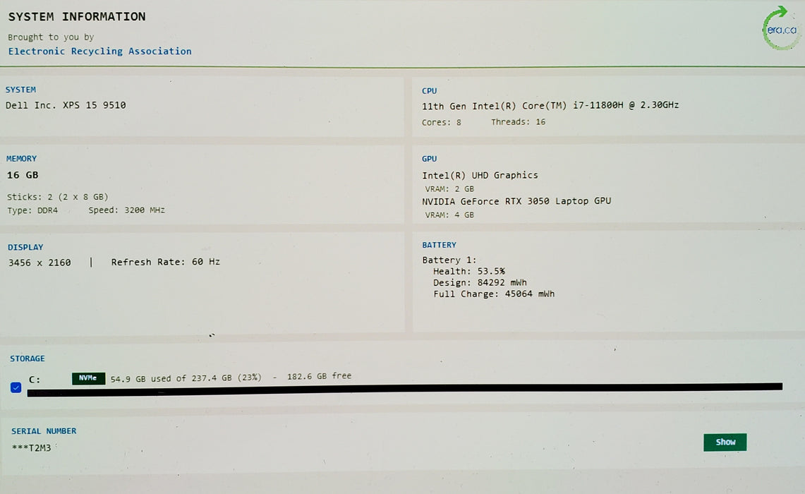 Dell XPS 15 9510 4K TOUCH i7-11800H RTX3050 16GB RAM 256GB SSD READ