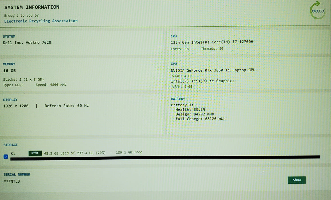 Dell Vostro 7620 Intel Core i7-12700H RTX 3050Ti 4GB GPU 16GB RAM 256GB SSD