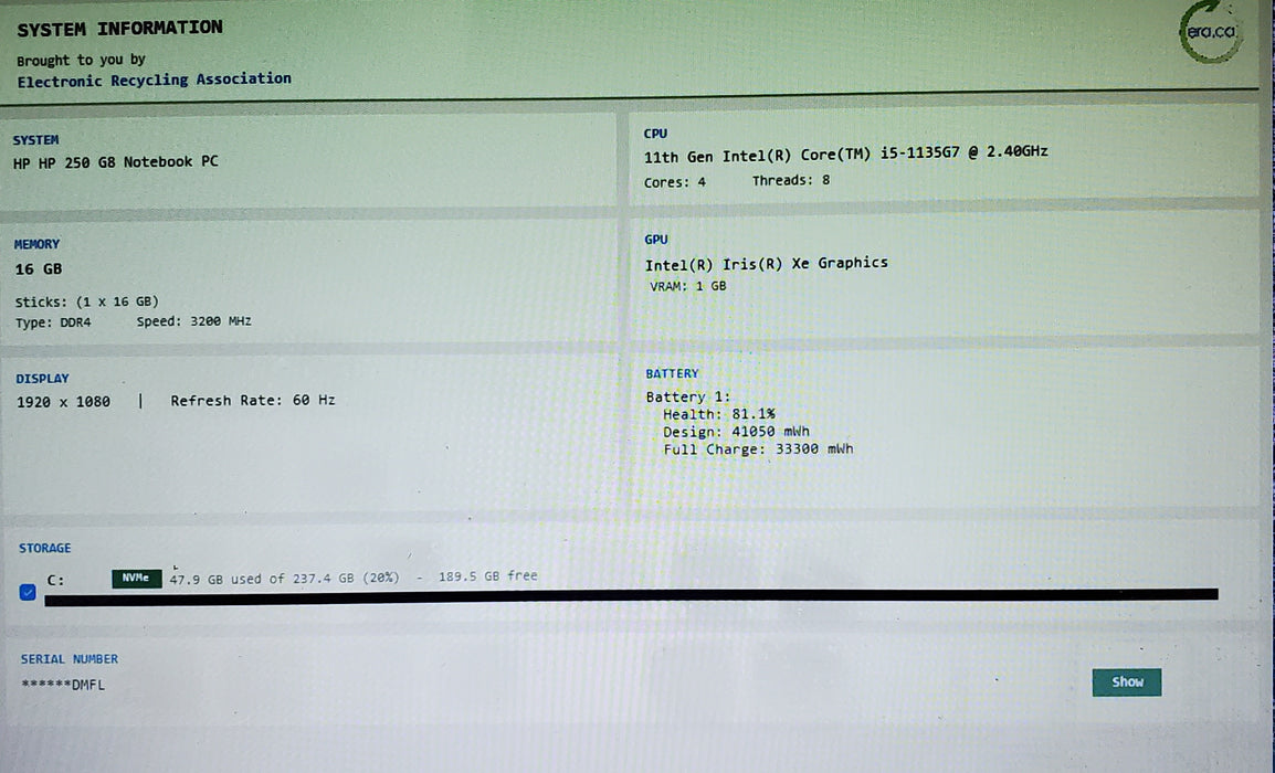 HP 250 G8 15.6" i5-1135G7 2.4GHZ 16GB RAM 256GB SSD
