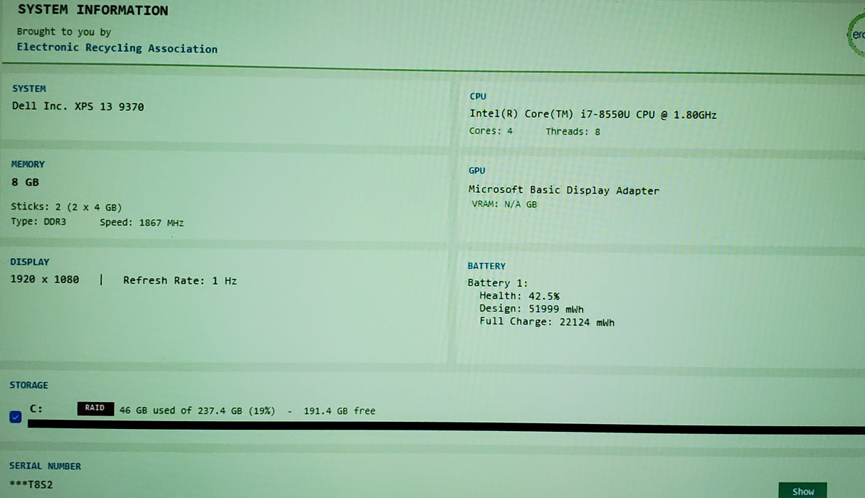 Dell XPS 13 9370 Core i7-8565U@1.8GHz 8GB RAM 256GB SSD