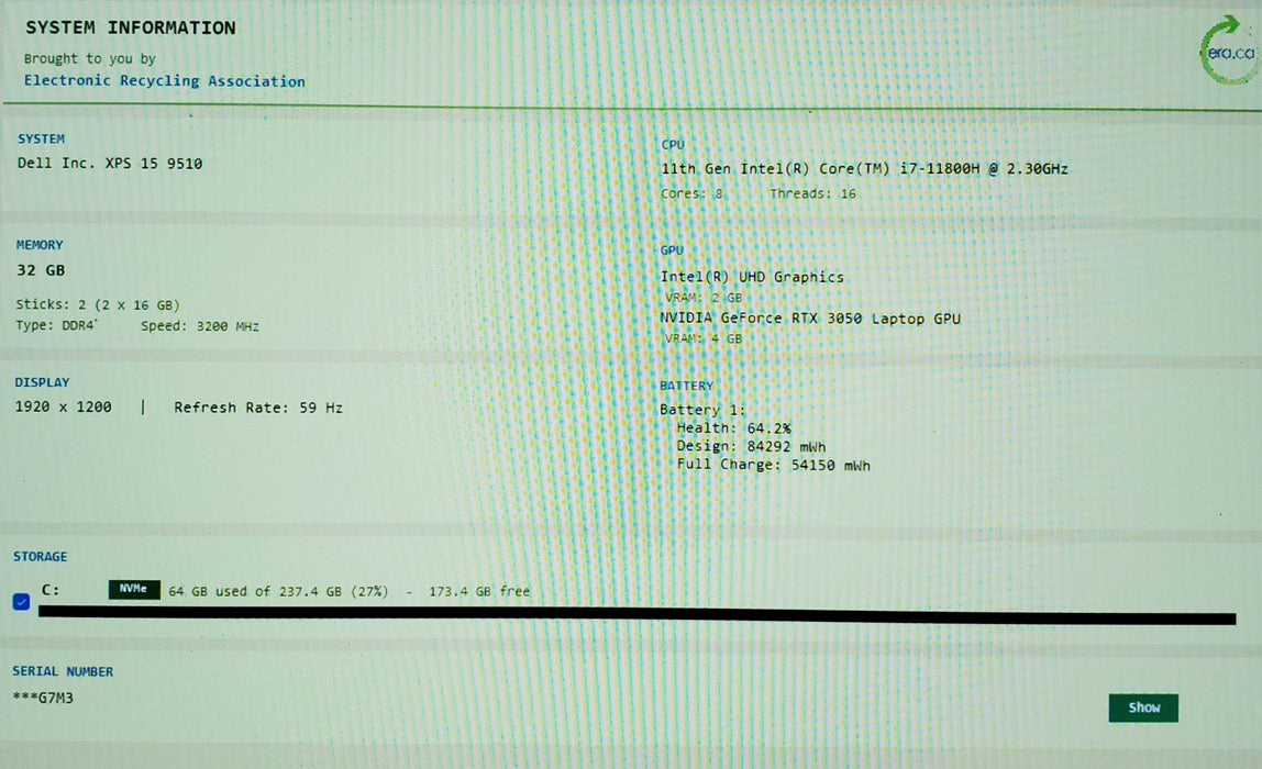 Dell XPS 15 9510 i7-11800H RTX 3050 4GB GPU 32GB RAM 256SSD No Power Adapter