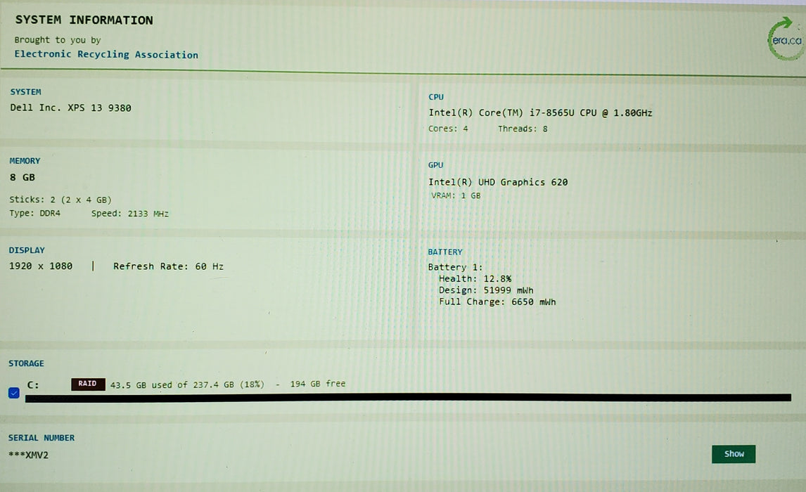 Dell XPS 13 9370 Core i7-8565U@1.8GHz 8GB RAM 256GB SSD READ